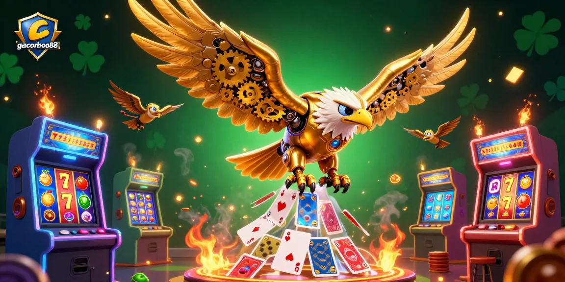 Experience gacorbos88 with an ultra-detailed 3D casino illustration showcasing golden eagles and vibrant slot game elements.