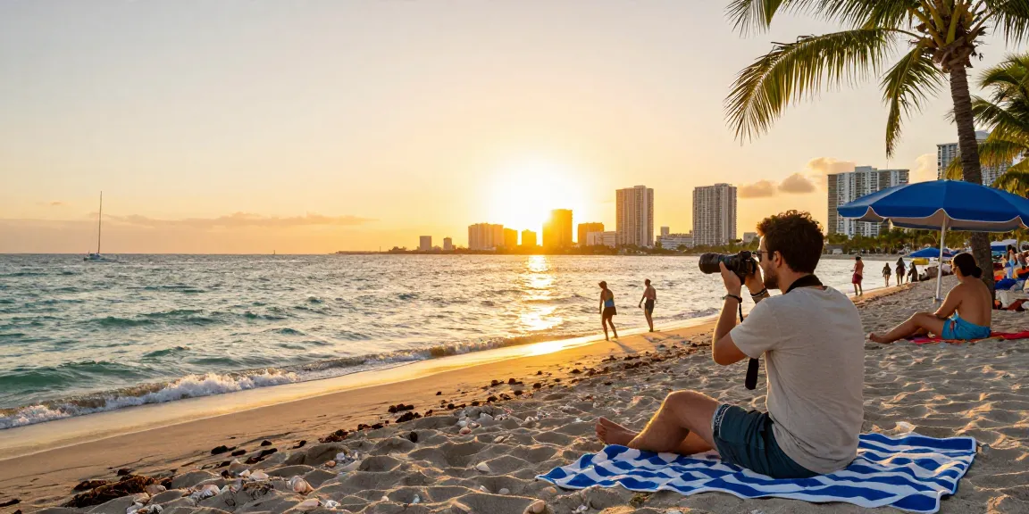 Pengunjung https://miami4d.com/ menikmati suasana pantai Miami saat matahari terbenam.