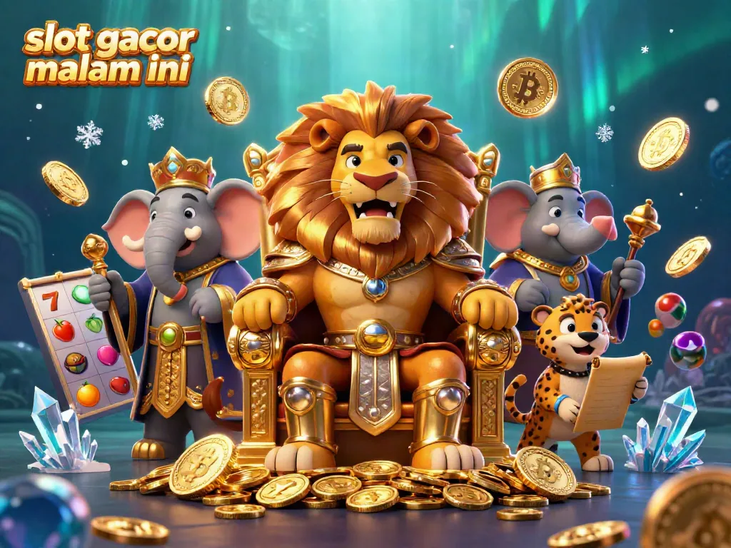 Slot gacor malam ini menampilkan raja singa saat bermain dengan keberuntungan, dikelilingi simbol jackpot dan koin crypto.