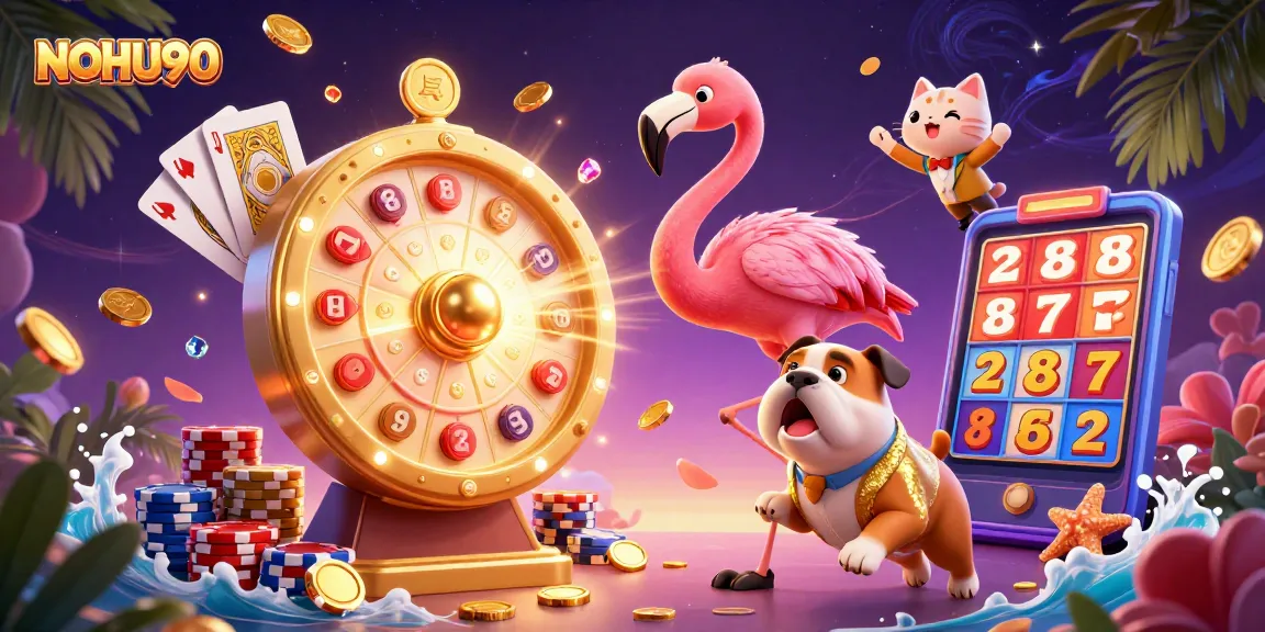 Celebrate wins at NOHU90 with vibrant 3D illustration showcasing casino game excitement.