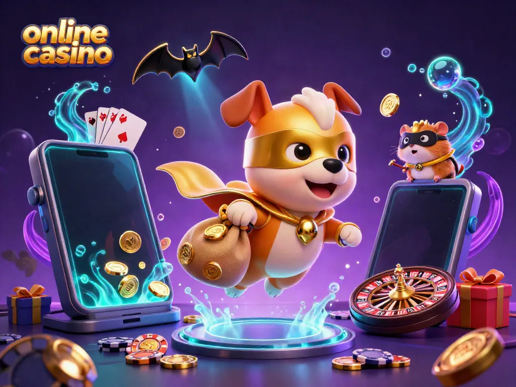 Experience the excitement of an online casino with a superhero dog and hamster amidst slots and poker elements.