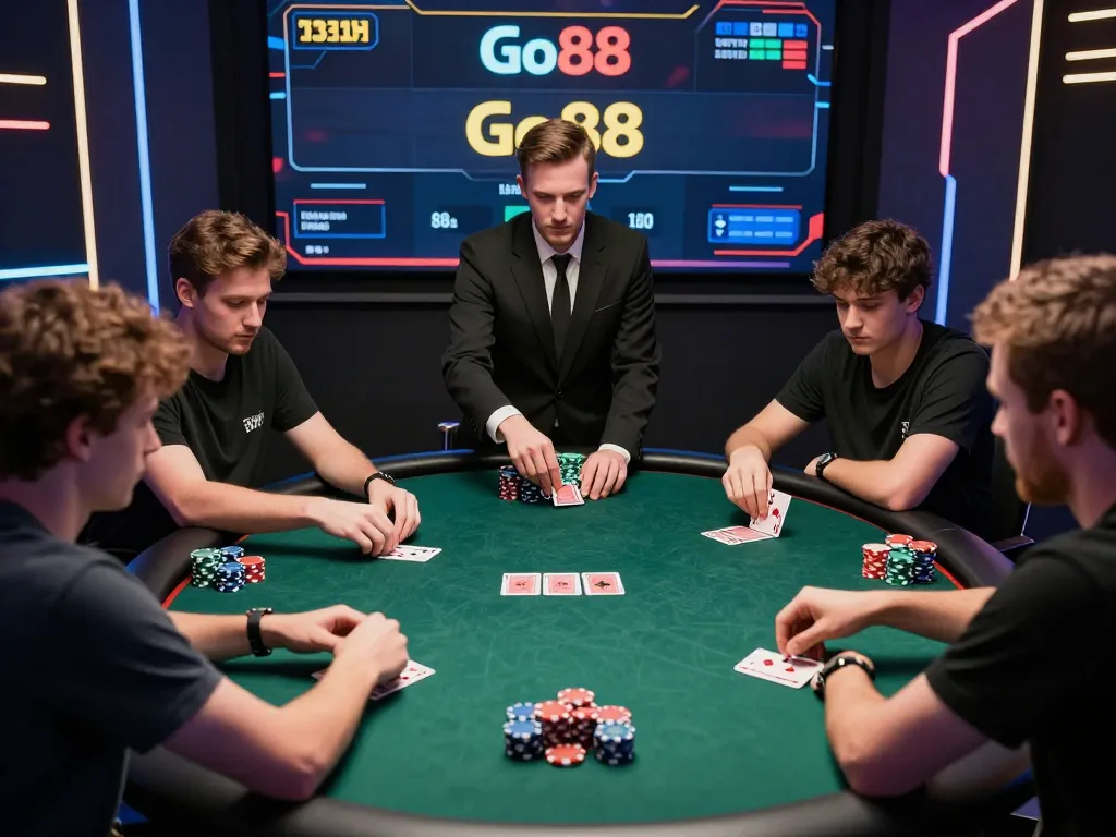 Go88 poker table gameplay with live dealer engaged in action, showcasing competitive online gambling.