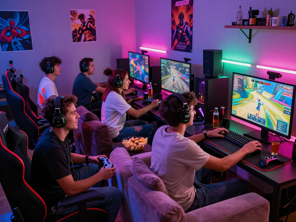 Friends engaging in a fair play gaming session, surrounded by tech and snacks in an exciting atmosphere.