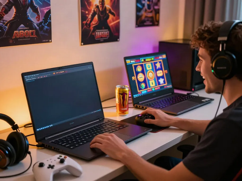 Excited gamer exploring the A80 slot information platform with colorful graphics and gaming accessories.