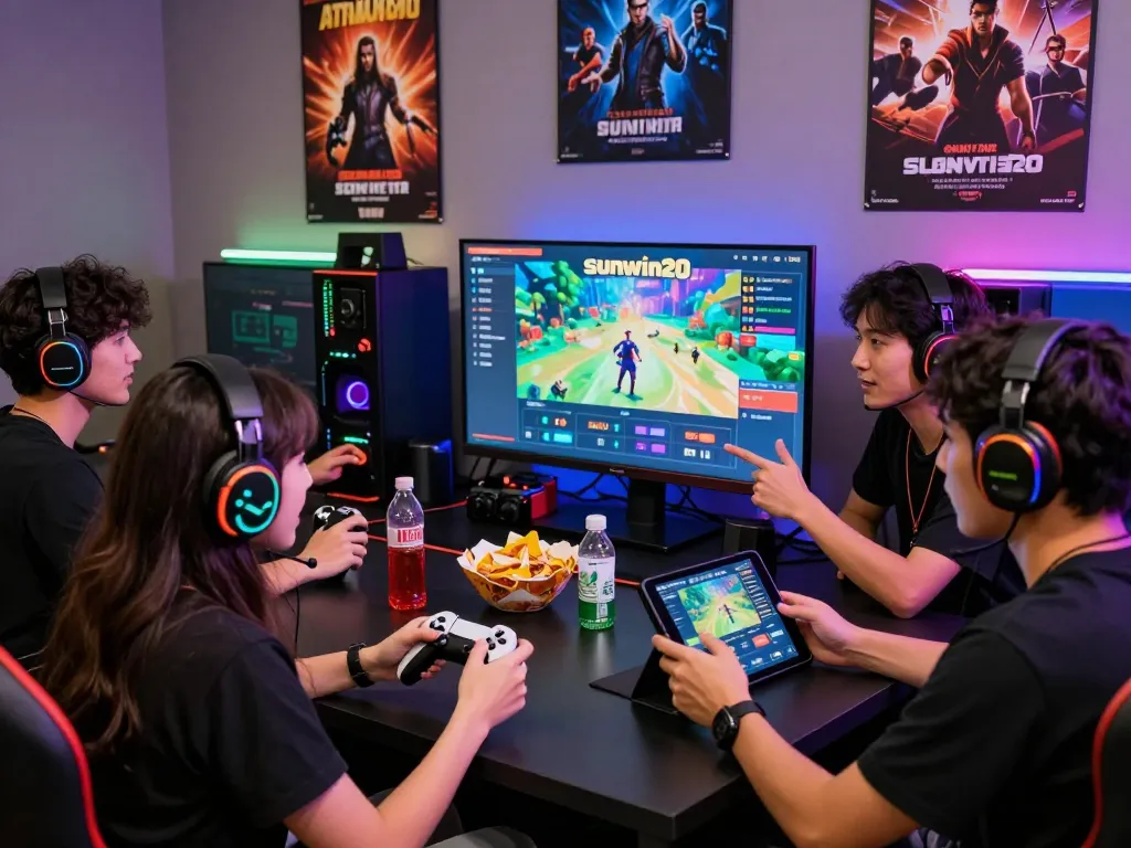 Excited friends enjoying the sunwin20 gaming platform with vibrant screens and snacks.