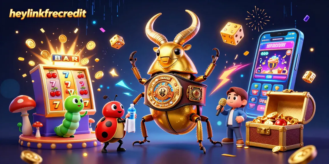 Spin and win at heylinkfreecredit with a vibrant casino showdown illustration featuring 3D characters and slot machines.