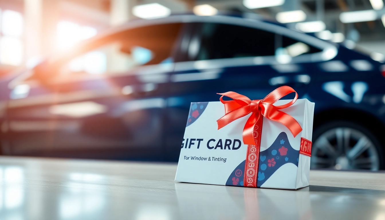 Present a window tint gift card with an elegant design in a vibrant automotive environment.