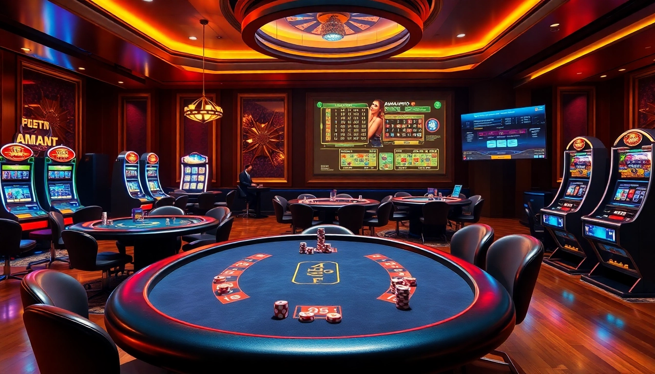 Engage with amanahtoto at a thrilling casino atmosphere featuring poker, dice, and slot machines.
