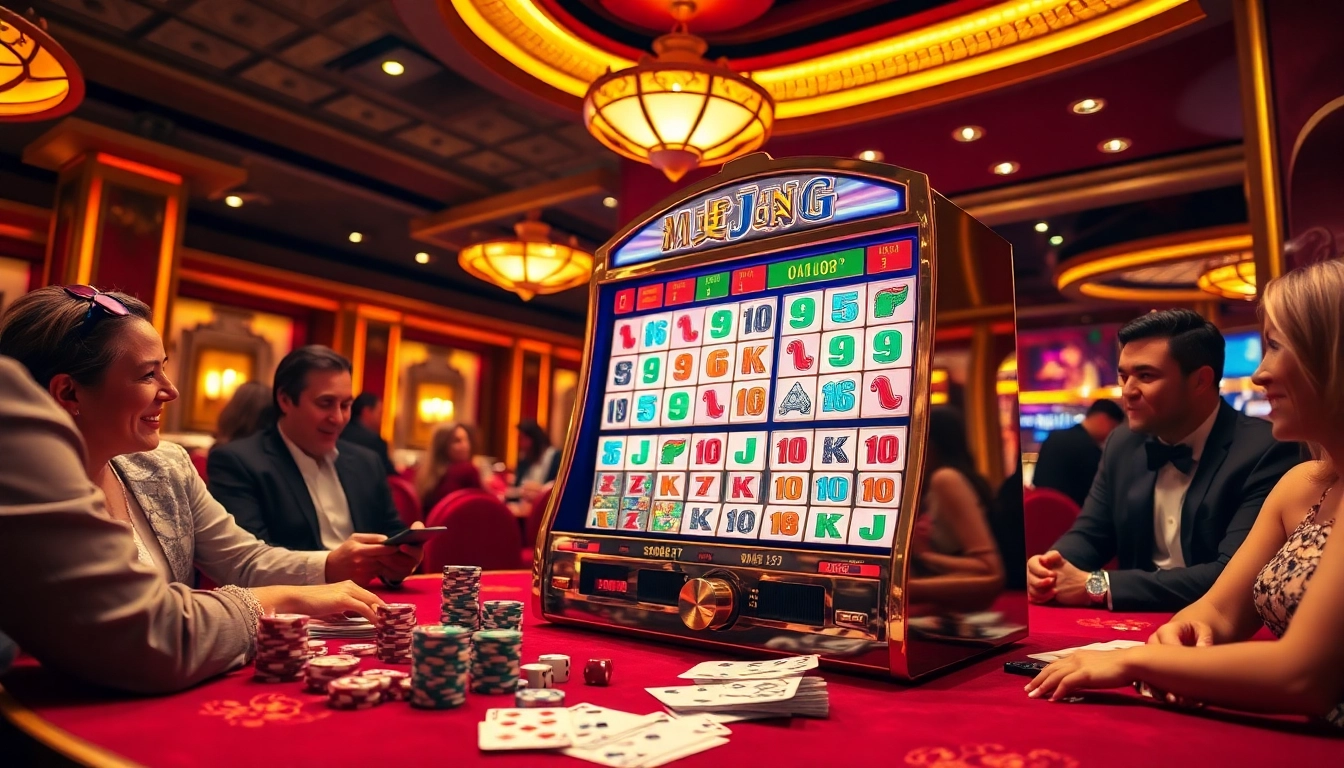 Players enjoying a mahjong slot machine experience in a glamorous casino setting.