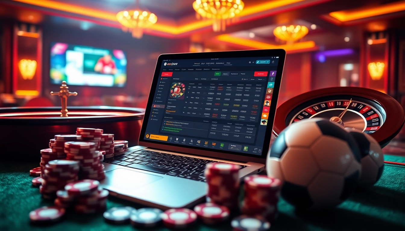 Engage in แทงบอลโลก with a sleek online betting interface surrounded by poker chips and a soccer ball.