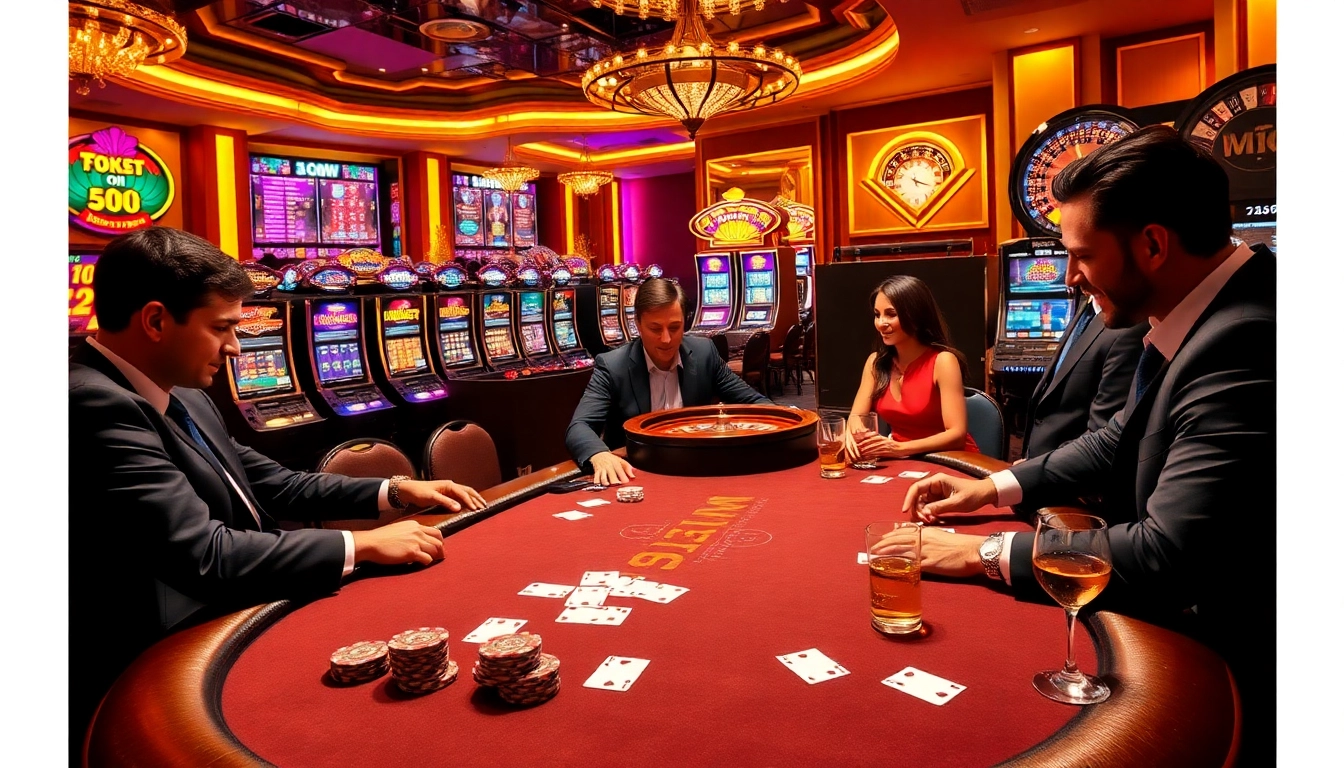 Players strategizing at an MB66 poker table in a vibrant casino setting.