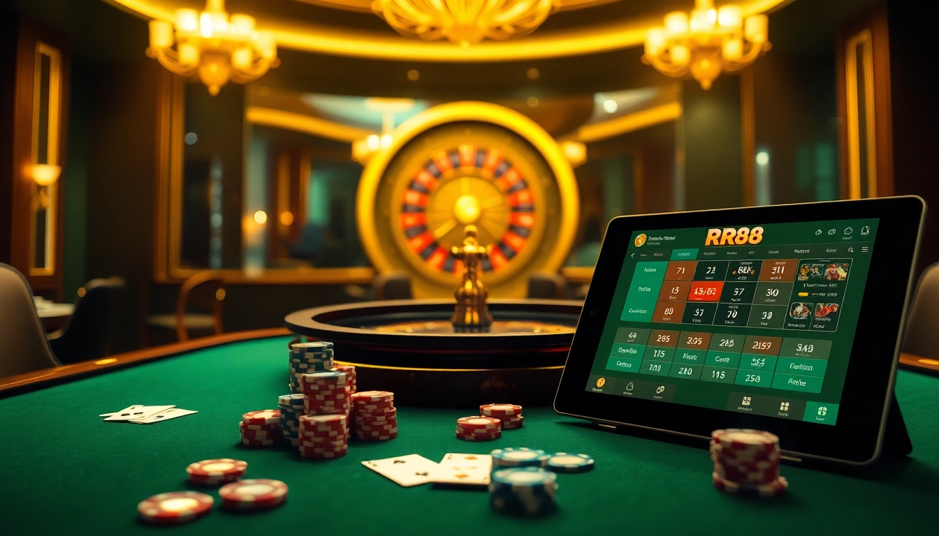 Engaging scene with gambling activities at Nhà Cái RR88 casino, highlighting poker chips and a roulette wheel.