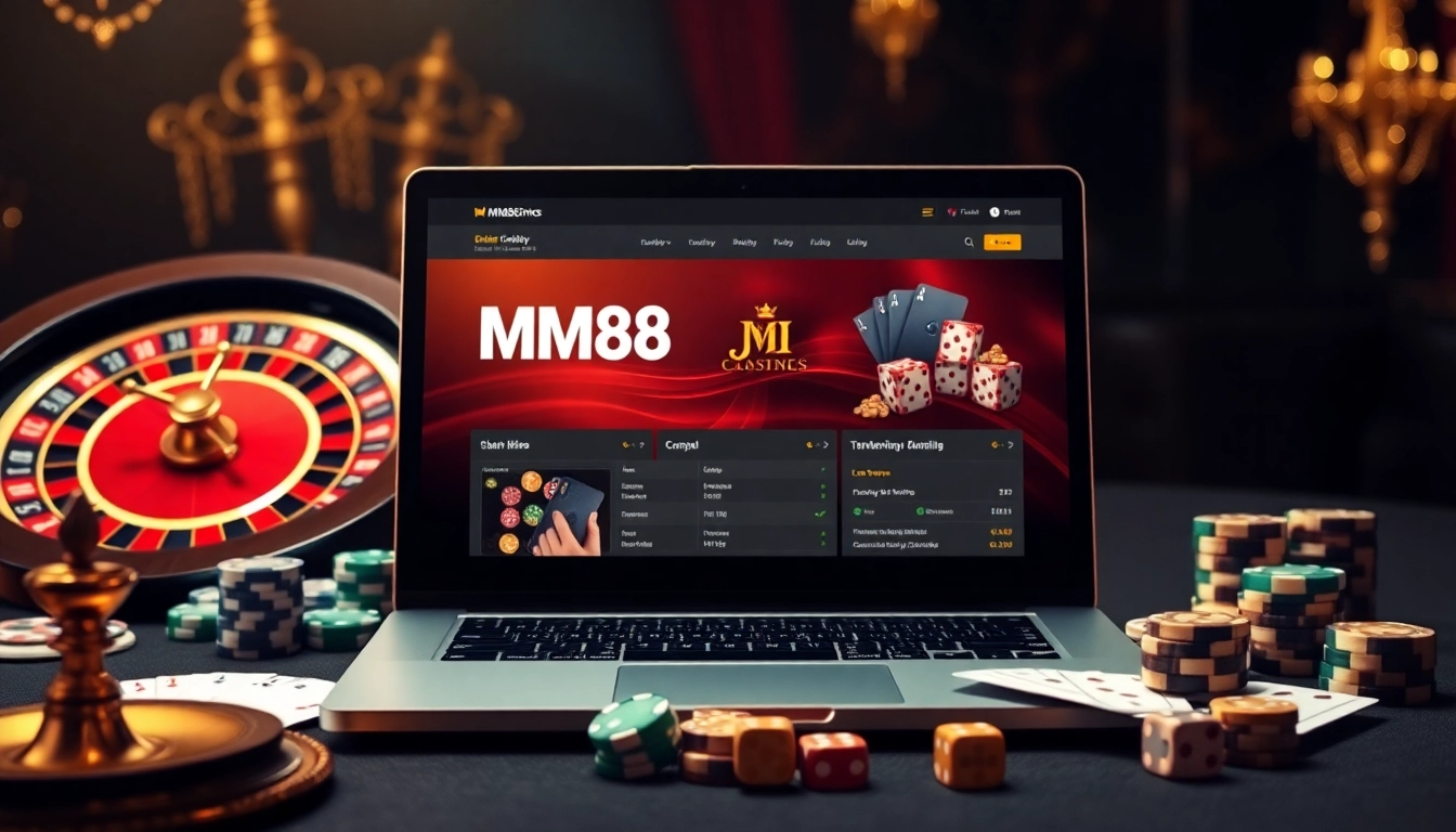 Engage with the thrilling atmosphere of the trang chủ mm88, showcasing an elegant online gambling experience with cards and chips.