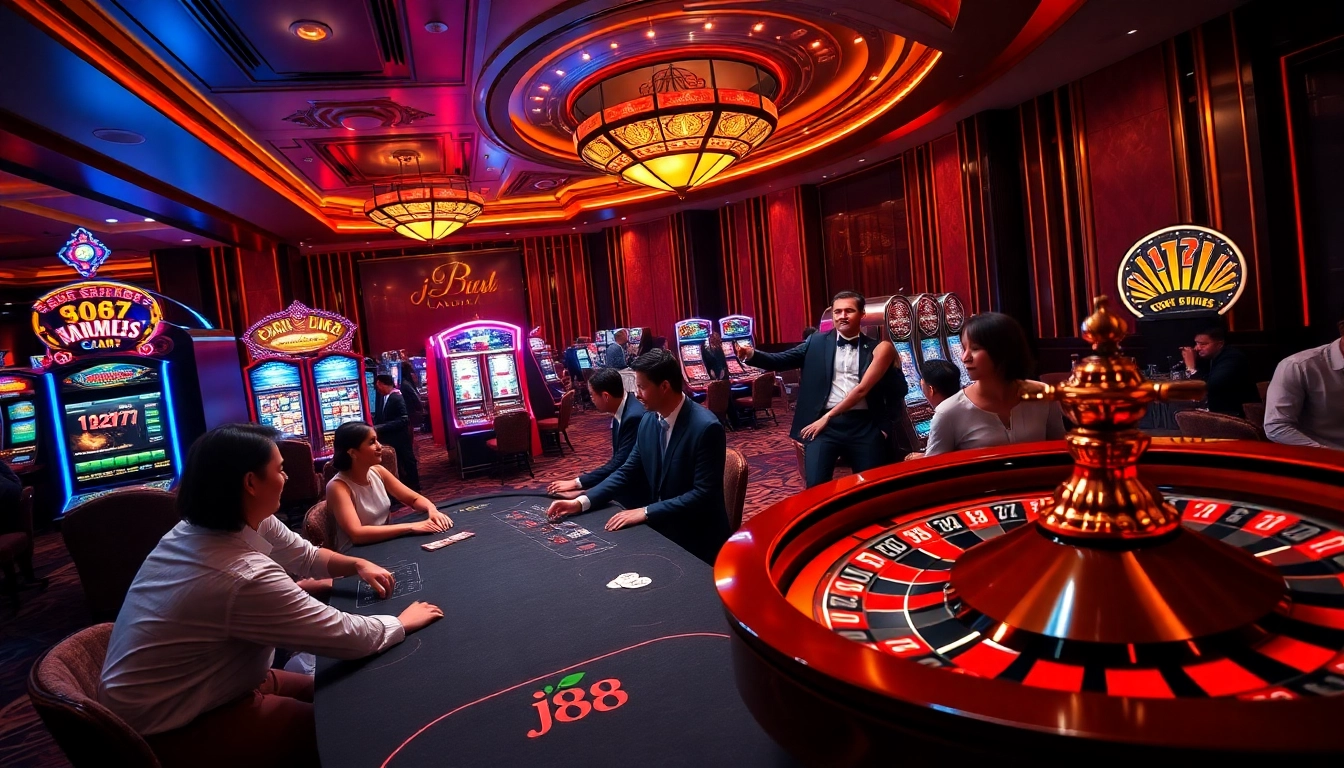 Experience the thrill of j88 with high-stakes poker games and vibrant slot machines in a luxurious casino environment.