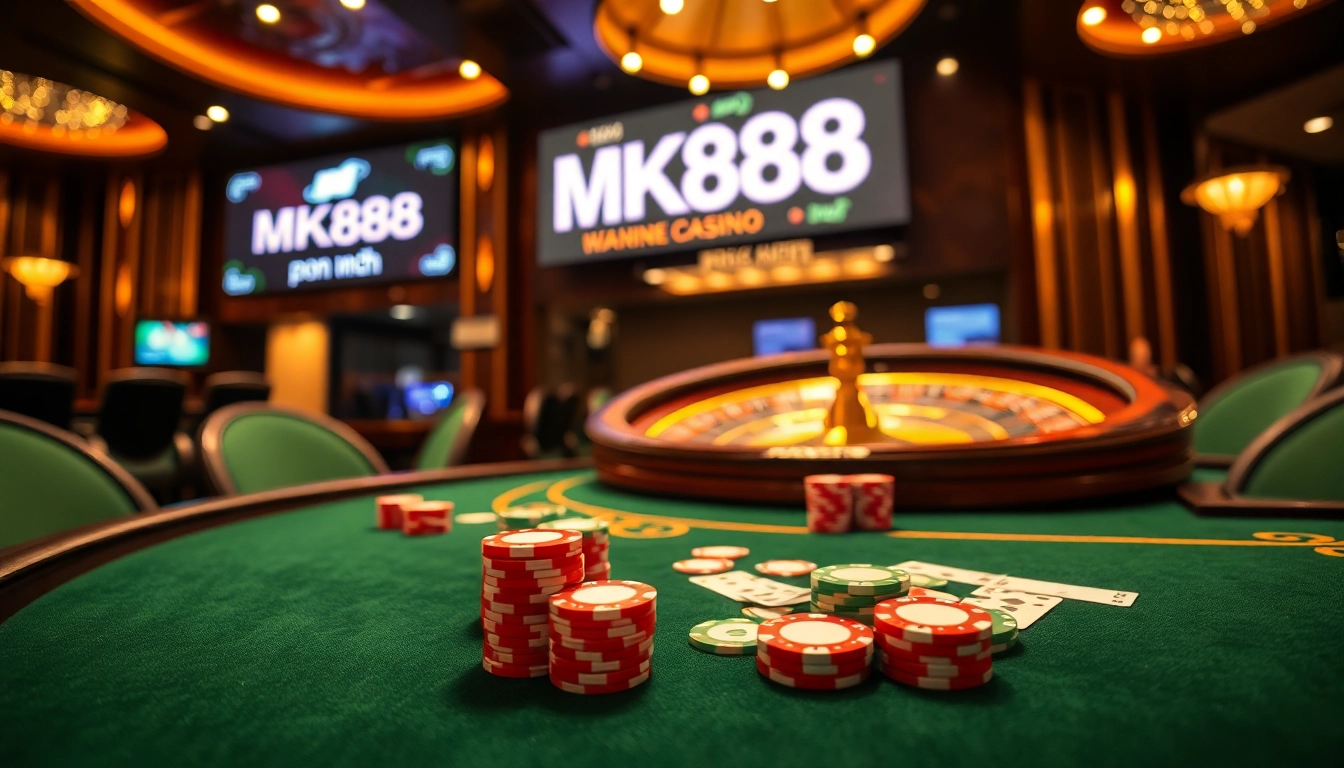 Engaging scene at MK888 casino highlighting poker chips, cards, and a roulette wheel.