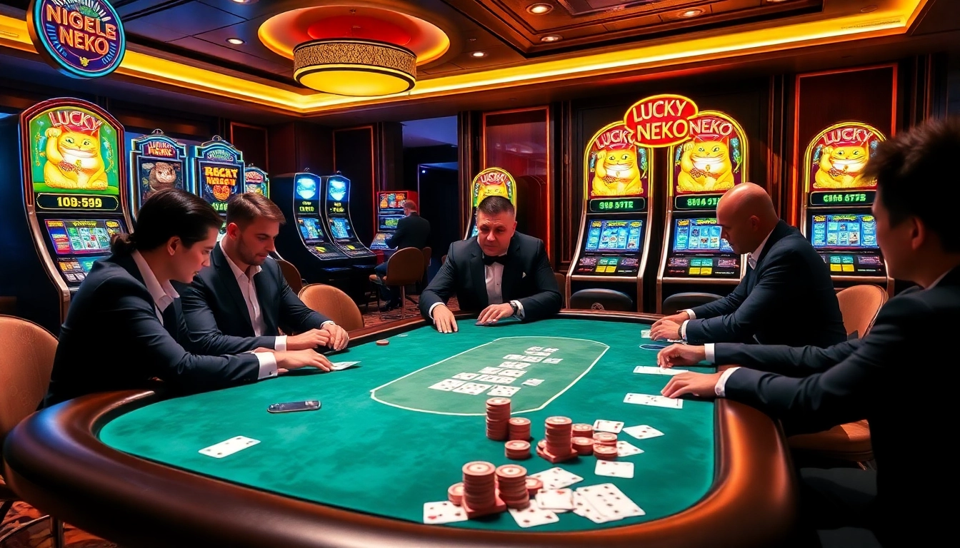 Play exciting poker while enjoying the charm of lucky neko symbols at a luxurious casino table.