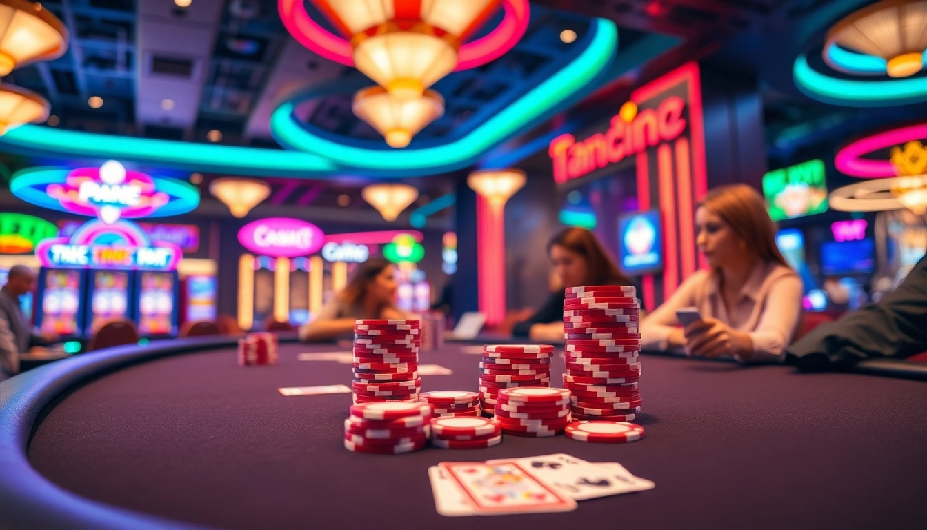 Experience the excitement at the Best Casino Online with energetic players and vibrant casino lights.