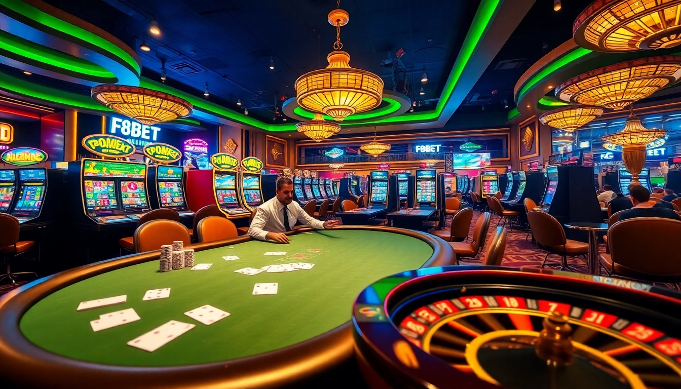 F8BET offers a vibrant online casino experience with poker tables, roulette wheels, and betting slips.