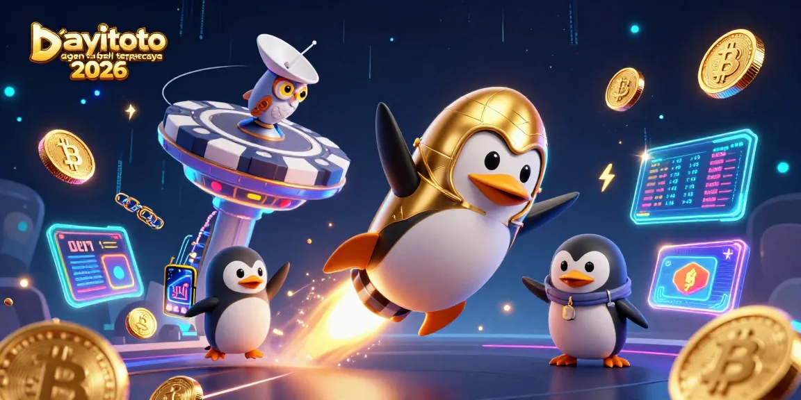 Spinning golden penguin and casino chip in galaxy, promoting bayitoto agen togel terpercaya 2026.