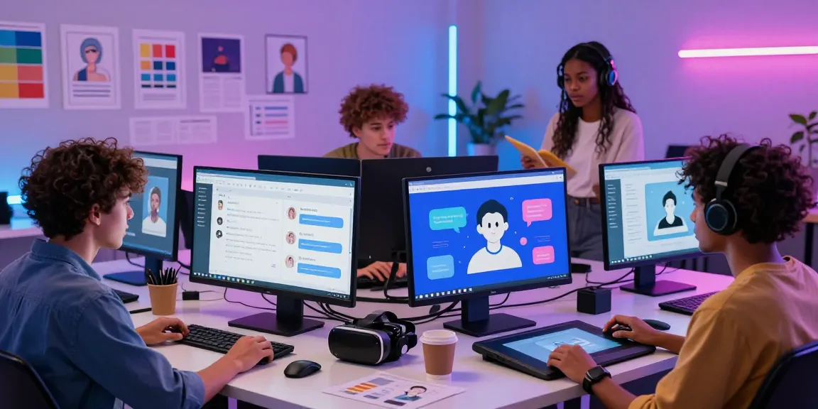 Creative team developing an NSFW AI chatbot interface showcasing hentai ai innovations in a vibrant studio.