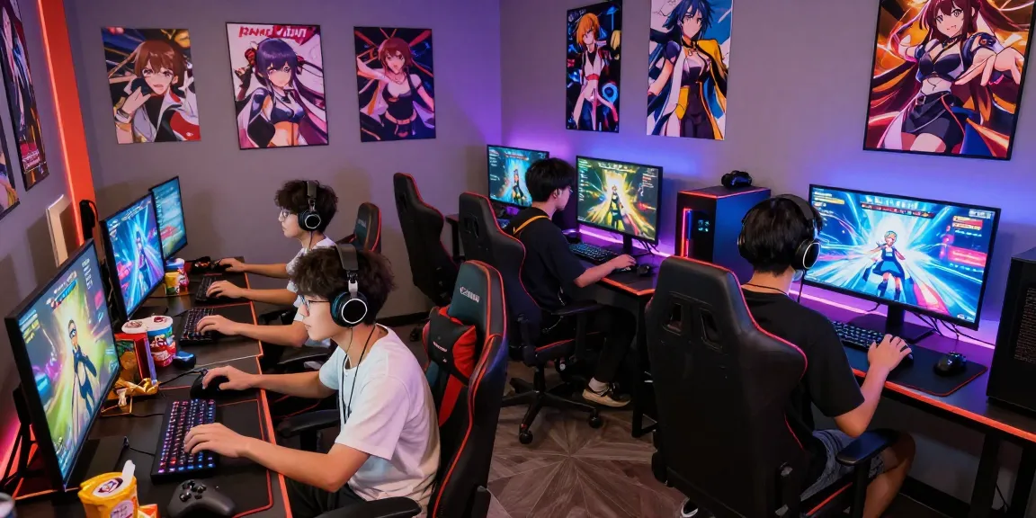 Engaged players enjoying a hentai game in a vibrant gaming setup with immersive graphics and colorful LED lighting.