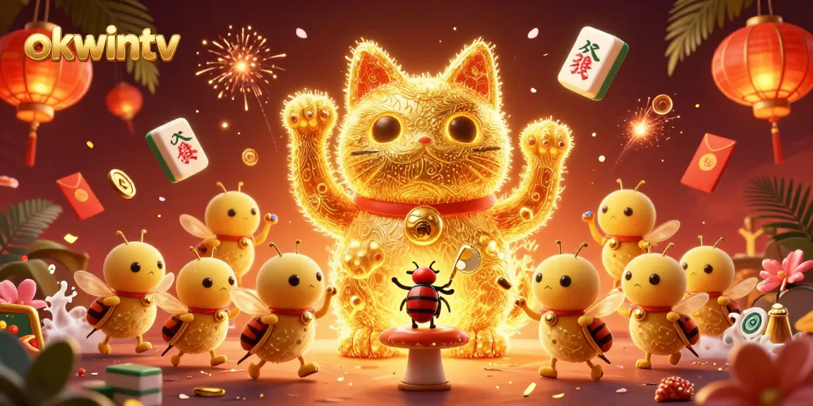 Experience the excitement of okwintv with a vibrant illustration of a lucky cat surrounded by casino symbols.