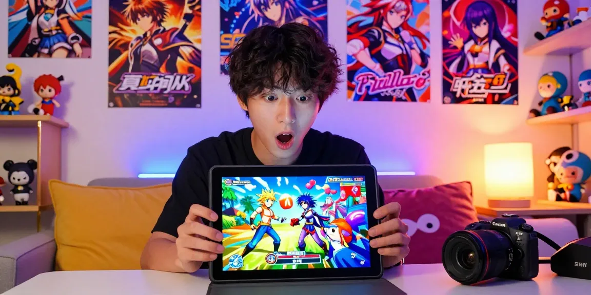 Engaged player exploring vibrant hentai games on a tablet in cozy gaming nook, with themed decorations.