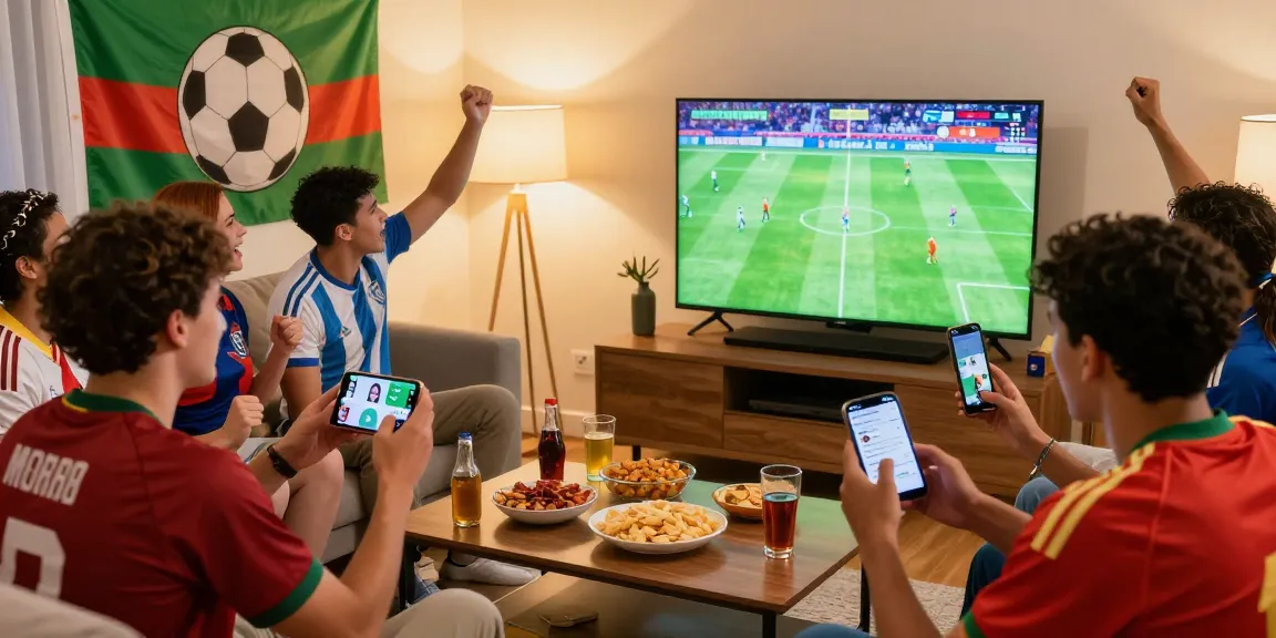 Excited fans watching live broadcasts of متابعة مباريات كأس العالم 2026 in a lively living room.