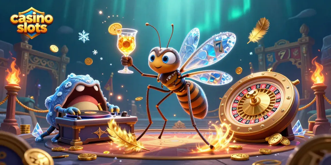 Engaging scene of casino slots with a frozen-in-amber mosquito mascot, trilobite DJ, and golden roulette wheel.