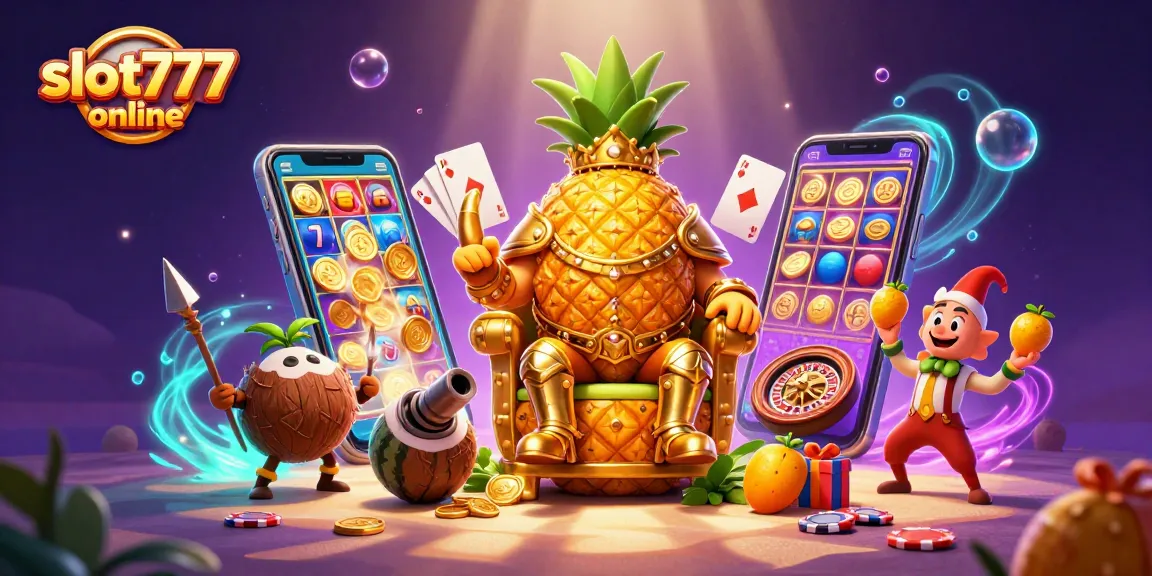 Spin and win with Slot777 online, featuring a golden pineapple king and exciting slot game elements